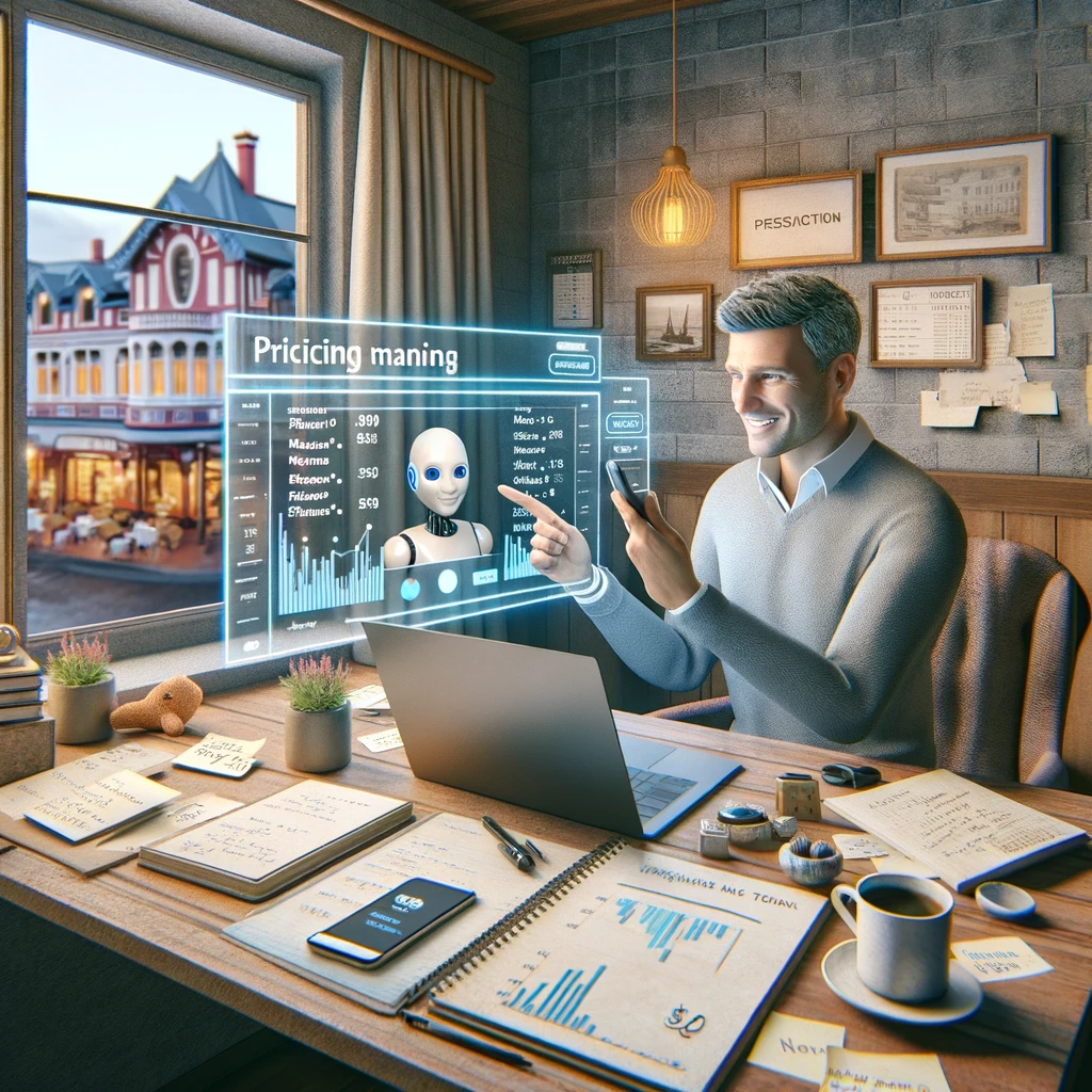 Man smiling while collaborating with an AI assistant on hotel pricing strategies, displayed on a laptop in a cozy office setting.