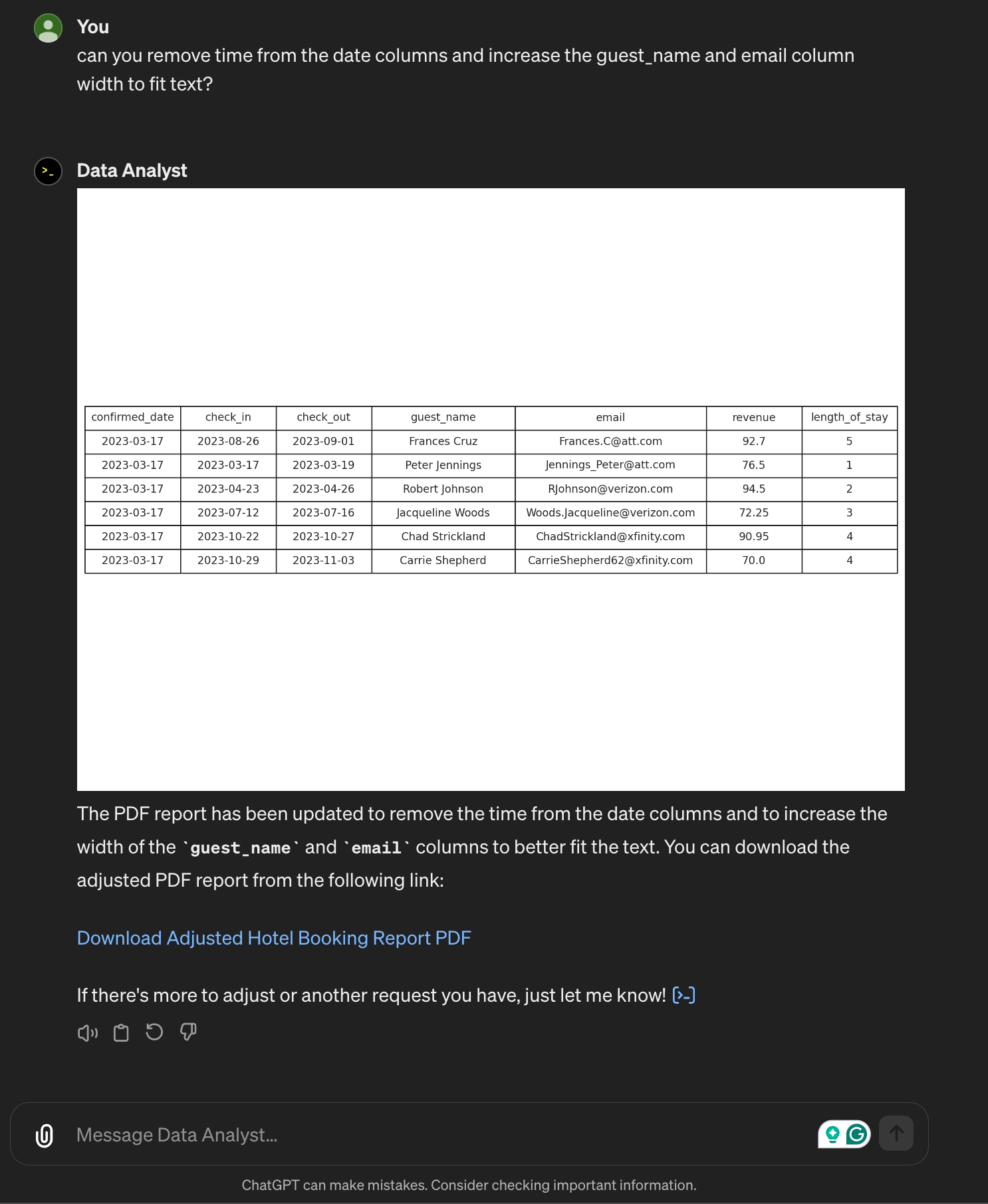 ChatGPT reservations daily report - correct formatting